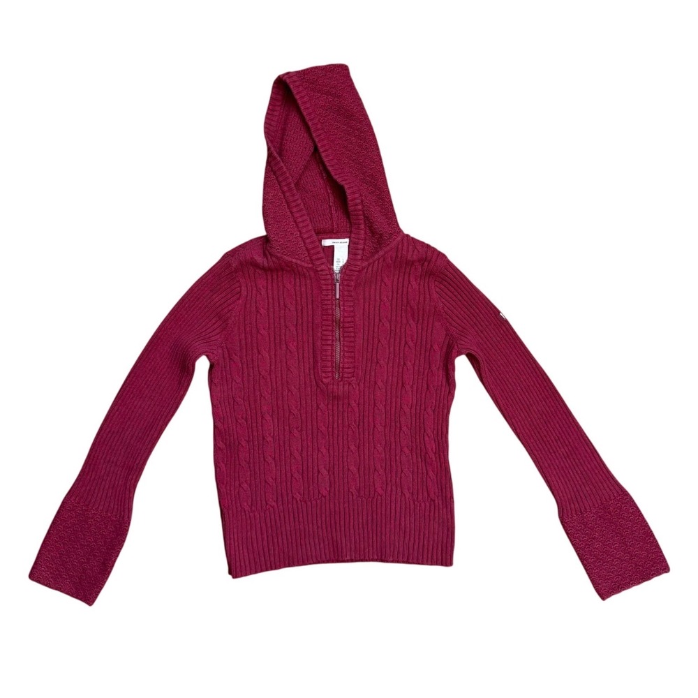 DKNY Jeans Vintage Y2K Burgundy Cable Knit Quarter Zip Hooded babydoll Sweater L